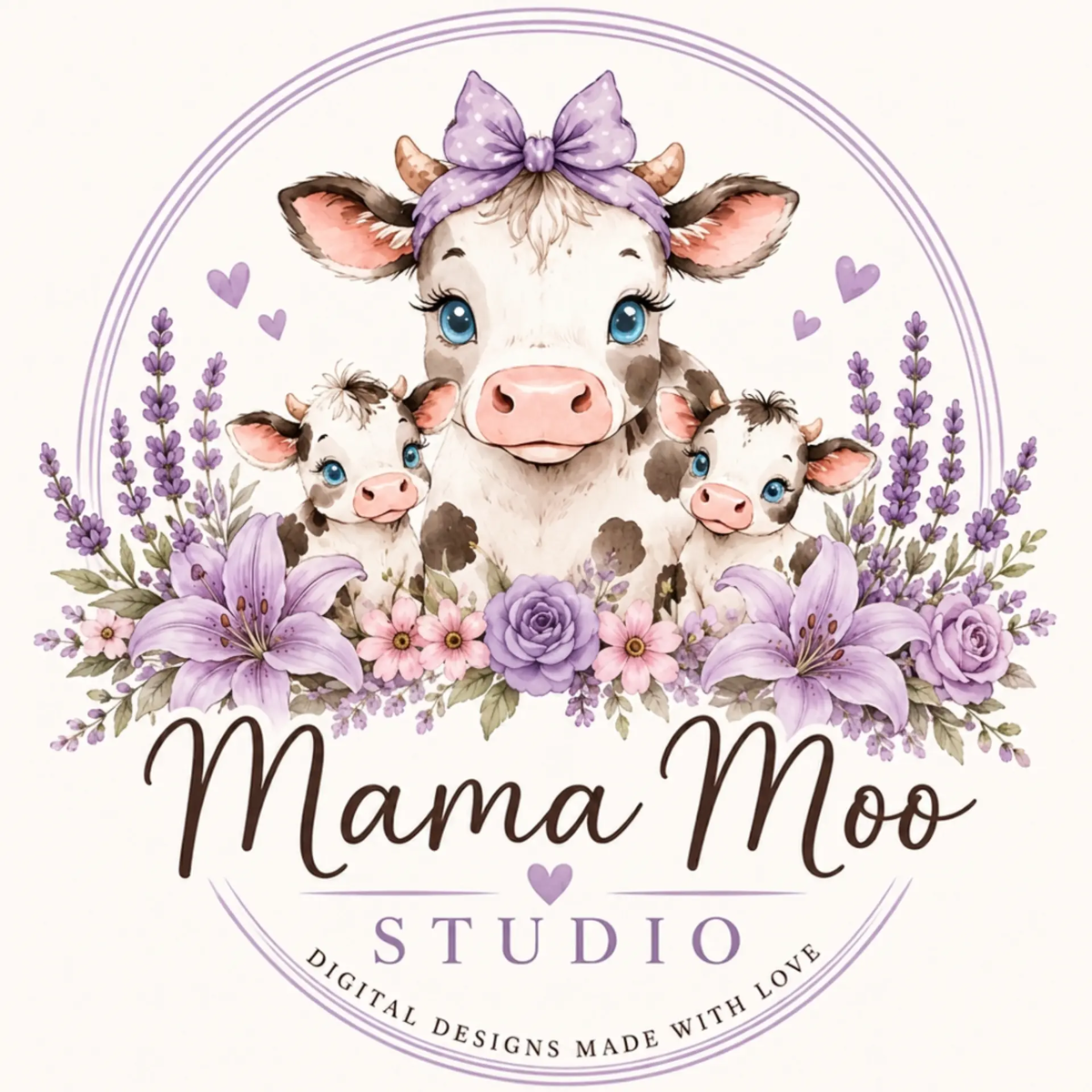 Mama Moo Studio — illustrated mama cow with two calves and lavender flowers